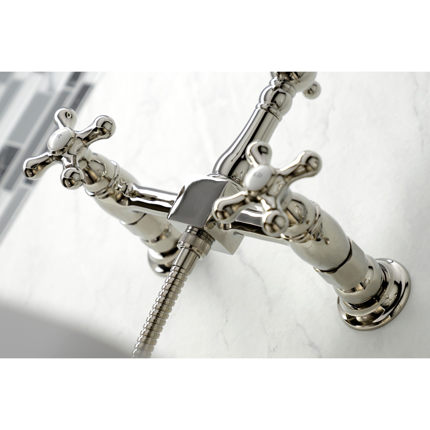 Kingston Heirloom KS1246AXBS - Heritage Two-Handle 3-Hole Wall Mount Bridge Kitchen Faucet with Brass Sprayer, Polished Nickel — thumbnail 3